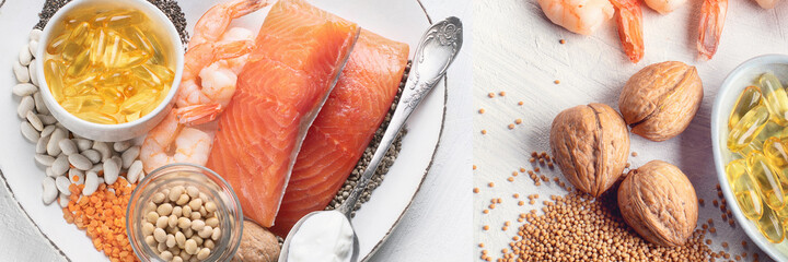 Collage of healthy fat sources. Healthy dieteating concept.