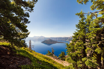 Scenic summer view of Wizard Island Crater Lake National Park, Oregon