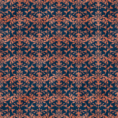 Damask foil texture seamless pattern blush pink leaves dark blue background