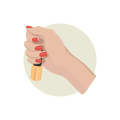 Female hand with painted nails, red manicure symbol. Sticker in a circle, for nail bar ,beauty salon,manicurist sticker and social media .