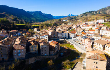 View from drone of La Pobla de Lillet municipality in upper valley of Llobregat river surrounded by...