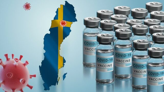 Sweden to launch COVID-19 vaccination campaign. Coronavirus vaccine vials, Covid 19 cells, map and flag of Sweden on blue background. Fighting the epidemic. Research and creation of a vaccine.