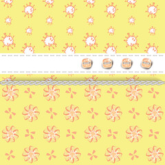 Easter pattern.Seamless set, yellow. Stylish elements. Embroidery and beads. For children's bed linen, kitchen linen. Set of needlework, greetings, wallpaper, decorative, textile, fabric, paper textur