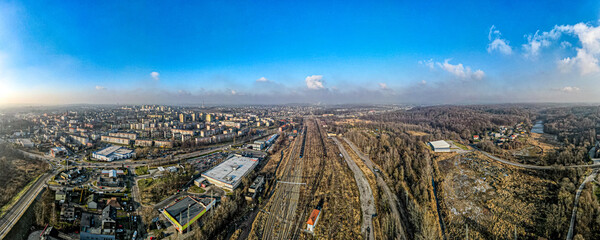 tory kolejowe zimą, Wodzisław Śląski, Śląsk, Polska z lotu ptaka © Franciszek