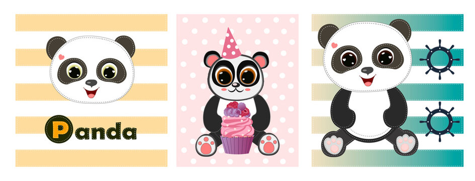Cartoon cute set baby pandas. Lettering.Perfect for greeting cards, party invitations, posters, stickers, pin, scrapbooking, icons. Vector illustrations.