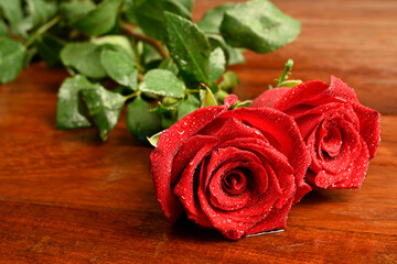 Valentine's Day background. two red roses symbol of love. Valentine's Day concept. Flat view, top view, copy space