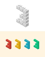 3 vector number with colourful plastic toy brick, isolated isometric 3d childish block font. Perfect for kids labels, birthday and kindergarten posters, school style, children magazines etc.