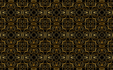 Ethnic national ornament from a gold pattern. Geometric black background in doodling style. Design for wallpaper, wrapping paper, textile, fabric, website, stained glass decor.