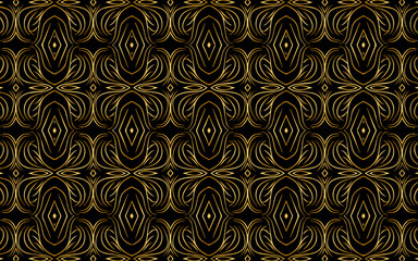 Ethnic artistic ornament in the style of Africa, Mexico, Aztecs. Texture with gold pattern. Geometric black background for wallpaper, wrapping paper, textile, fabric, website, stained glass decor.