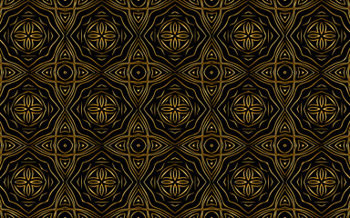 Ethnic artistic ornament based on Africa, Mexico, Aztecs. Texture with gold pattern. Geometric black background for wallpaper, wrapping paper, textile, fabric, website, stained glass decor.