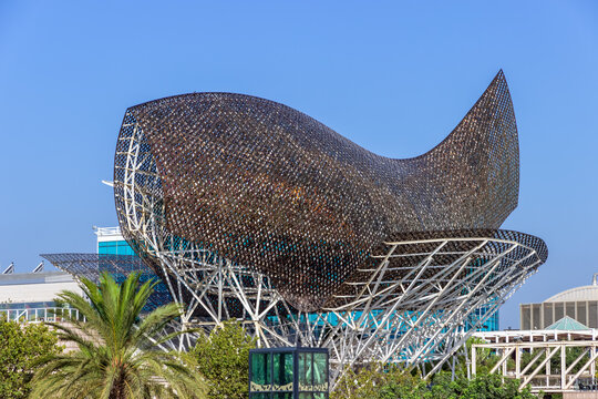Sculpture 'El Peix' Fish of architect Frank Gehry, Port Olympic. Barcelona Spain, August 17, 2012