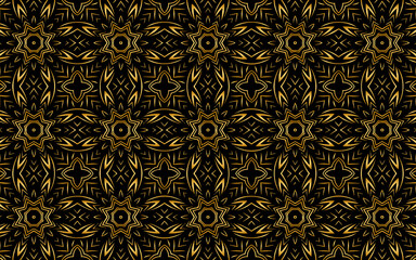 Ethnic ornament with stylized abstract flowers. Texture with a gold pattern based on Africa, Mexico, India. Geometric black background for wallpaper, wrapping paper, textile, fabric, website, stained 