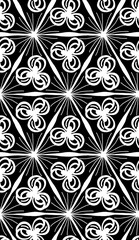 Seamless black background with gray ornament, geometric shapes, six-pointed star and lines.