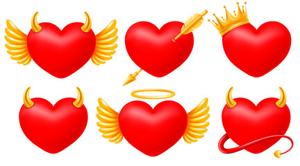 Set of realistic red hearts with golden wings, pierced by cupid arrow, decorated by crown, horns and halo. And even with a tail. Hearts of angel and devil concept. Vector illustration EPS10.