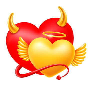 Realistic devil heart with horns and tail and angel heart with halo and wings. Red and golden colours. Conceptual design for Valentines day or other life events. Isolated vector illustration EPS10.