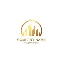 Vector logo concept for accounting or real estate company. Logo design with commercial building and chart bars. Business logo idea. luxury gold