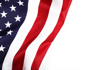 USA flag on white background, close-up, place for your text.