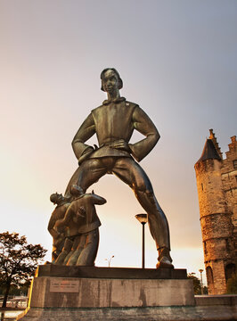 Statue of Lange Wapper in front of Het Steen in Antwerp. Belgium