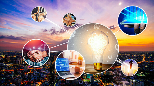 Business network web banner photo set in concept of management and growth by using corporate teamwork and people networking skills .