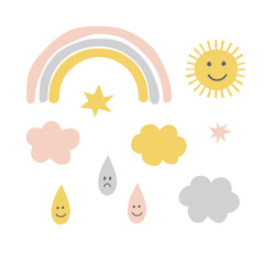 Cute kawaii rain drop cloud sun rainbow star vector icon set isolated on white. Simple abstract weather minimalistic sky flat graphic clip art collection. Nursery celestial design element pack