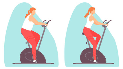 Young woman doing cardio exercise on a exercise bike. A fat and slim woman. Gym. Weight loss. Healthy lifestyle. Vector illustration in hand drawn flat style.