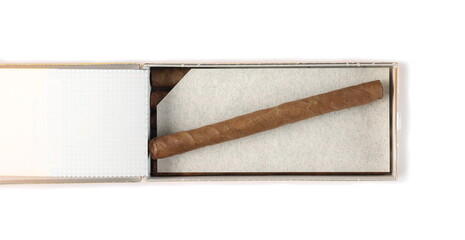Luxury handmade cigars and box isolated on white background, top view
