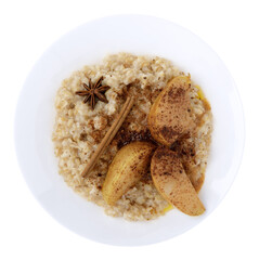 Oatmeal with pear, cinnamon, star anise on a white background