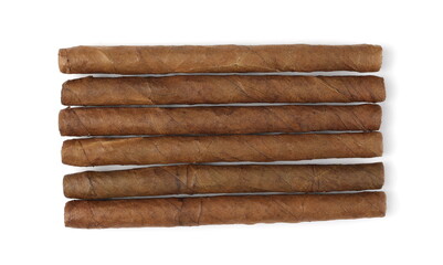 Luxury handmade cigars isolated on white background, top view