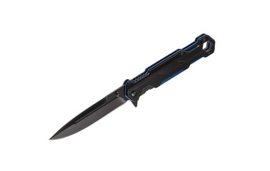 Pocket folding knife isolate on white back. Compact metal sharp knife with a folding blade.