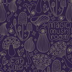 Mystical magic mushroom seamless pattern. Hand drawn doodle illustration of fantasy mushrooms, eyes, crystals, lettering. Vintage psychedelic background.