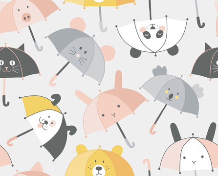 Animalistic Umbrella with cute kawaii animal Bunny Mouse Panda Pig Dog Cat Koala Bear face seamless pattern. Rainy weather kids background for fabric textile surface design. Vector illustration