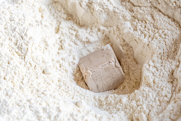 yeast cube in white flour