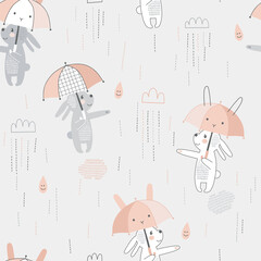 Cute white grey bunny animal with pink kawaii umbrella under the rain vector seamless pattern. Rainy weather graphics for Scandinavian childish nursery design.