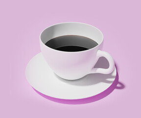 White cup of coffee on pink background. Porcelain mug espresso.