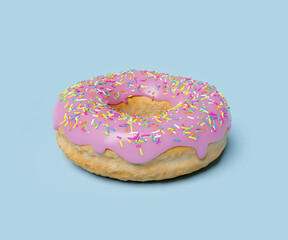 Pink sugar icing donut 3d object on blue background.