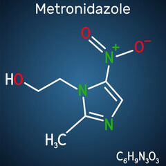 Metronidazole, antiprotozoal medication molecule. It is antibiotic, belonging to the nitroimidazole class of antibiotics. Structural chemical formula on the dark blue background