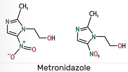 Metronidazole, antiprotozoal medication molecule. It is antibiotic, belonging to the nitroimidazole class of antibiotics. Skeletal chemical formula