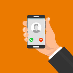 Hand holding smartphone with incoming call and finger touch screen. Vector illustration.