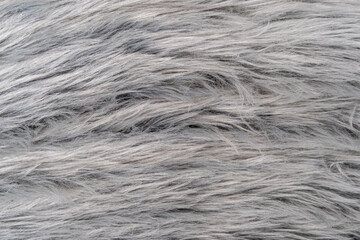 Grey fur rug texture of a textile with long fibers. Natural structure of a soft fabric decoration surface. Fluffy detail looking like animal hair.