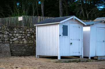 Vendee, France: Cabins at the Plage des Dames, on the island of Noirmoutier, on a clear day, January 2021.