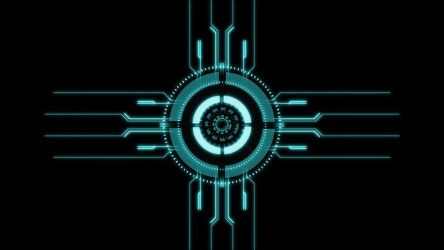 Digital button on a touchscreen. Futuristic microprocessor is starting the operation of the computer program. Machine learning and artificial intelligence concept.