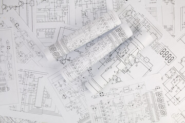 Paper electrical engineering drawings. Work of an electronic engineer.