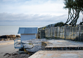 Vendee, France: A cabin at the Plage des Dames, on the island of Noirmoutier, on a clear day, January 2021.