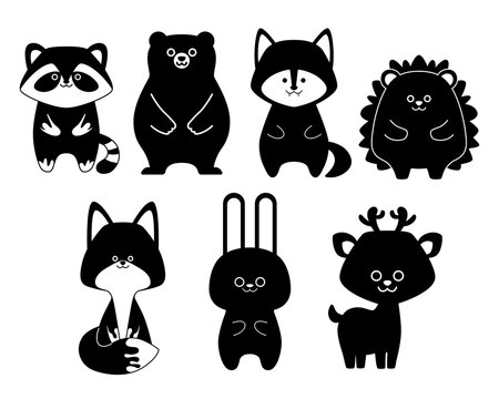 Black silhouette set of forest animals isolated on white background. Flat design for poster or t-shirt. Vector illustration