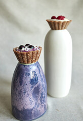 delicious tart or cakes with raspberry cherries strawberry, minimalistic concept