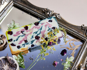 Handmade chocolate background. Top view on various sweets on white table. Small business, handmade candies concept. minimalistic concept