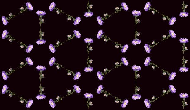 Vector seamless floral pattern with aster flowers on a dark blue background for textile design, fabric, wallpaper, wrapping paper, hijab, textua, printed pattern