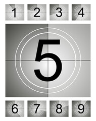 Set of countdown frame. Film countdown. Movie timer count. Retro cinema strip. Vintage timer count.
