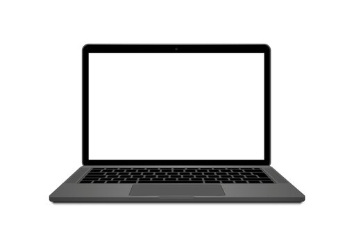Realistic laptop front view. Laptop modern mockup in space gray color. Blank screen display notebook. Opened computer screen with keyboard. Smart device..