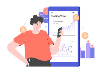Fototapeta na wymiar Personal investment. Mobile application for a trader. Character and big smartphone with graphs. Analysis of trends and dynamics of stock prices. Vector flat illustration.